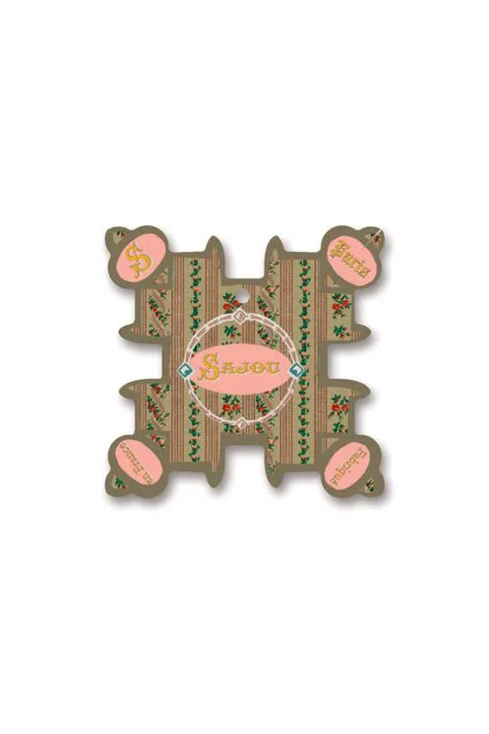 A vintage decorative thread card shaped like the letter H, featuring a green and gold striped pattern with pink floral accents and a central pink label reading 'Sajou'.
Photo by Sajou.fr [additional_image_link]