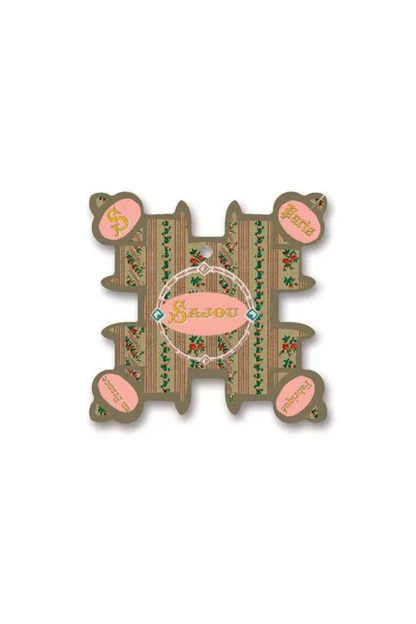A vintage decorative thread card shaped like the letter H, featuring a green and gold striped pattern with pink floral accents and a central pink label reading 'Sajou'.
Photo by Sajou.fr [additional_image_link]