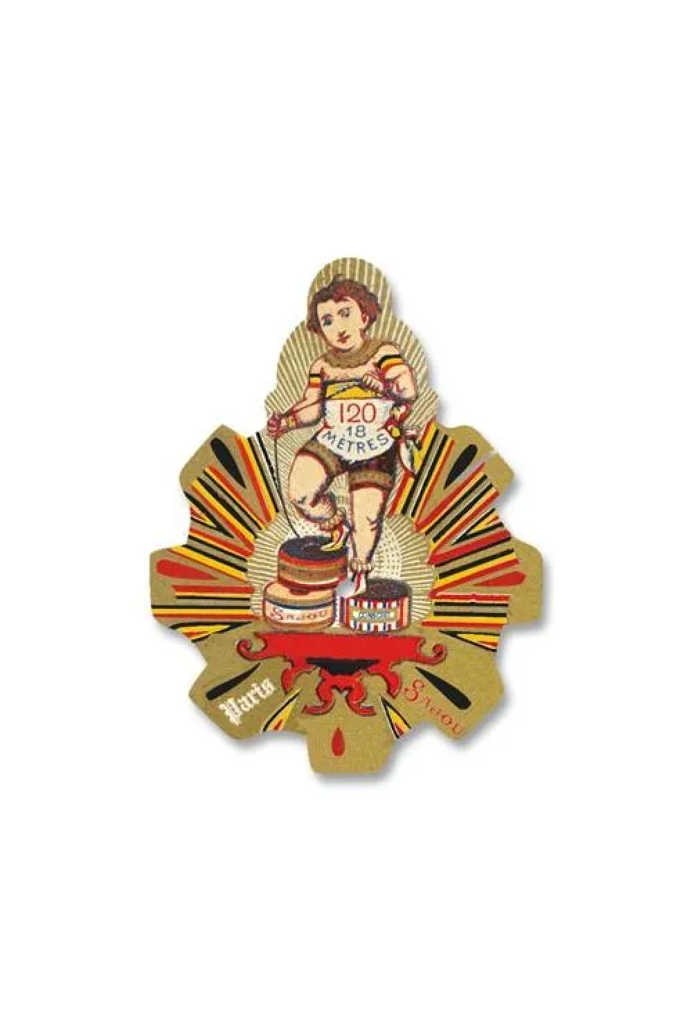 A vintage illustrated thread card featuring a stylized figure in a racing outfit with the text '120 METRES' and 'Fabriqué en France,' placed on a white background.
Photo by Sajou.fr [additional_image_link]