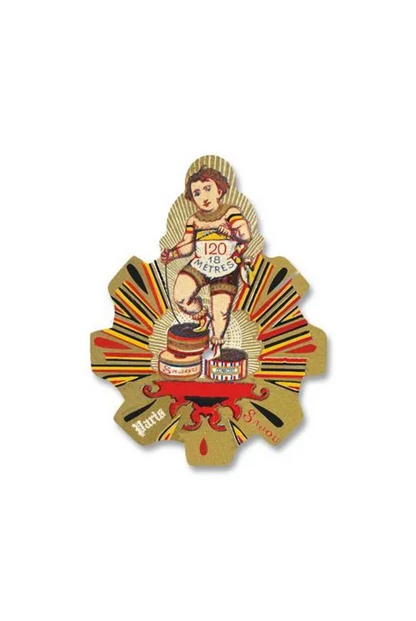 A vintage illustrated thread card featuring a stylized figure in a racing outfit with the text '120 METRES' and 'Fabriqué en France,' placed on a white background.
Photo by Sajou.fr [additional_image_link]