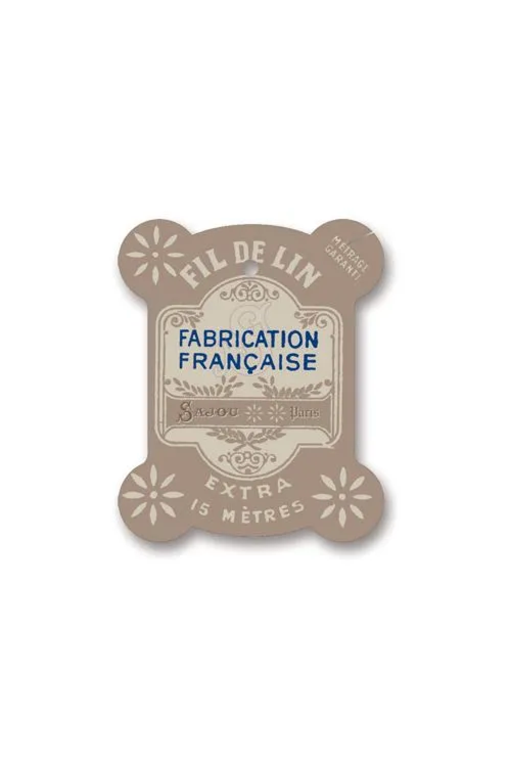 A close-up of a Thread Card. The tag is pale beige with blue and white printed text reading 'FIL DE LIN', 'FABRICATION FRANCAISE', and 'EXTRA 15 METRES'.
Photo by Sajou.fr [additional_image_link]