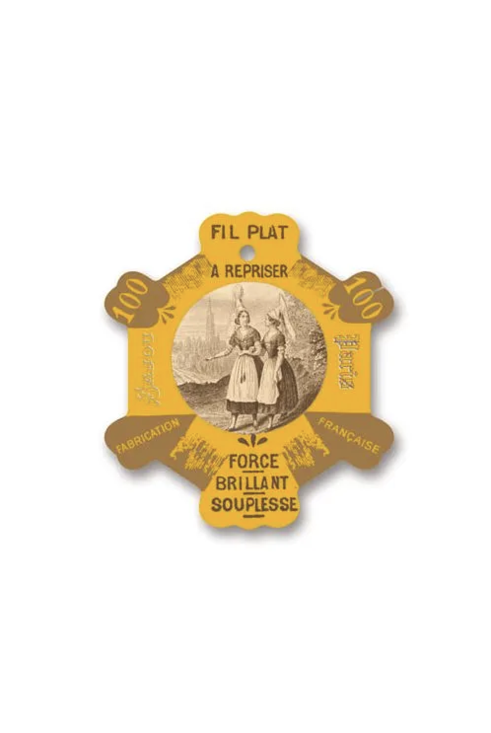 A vintage French sewing thread spool tthread card for 'Fil Plat' thread, featuring a yellow and brown star-shaped design with an illustration of two women sewing.
Photo by Sajou.fr [additional_image_link]
