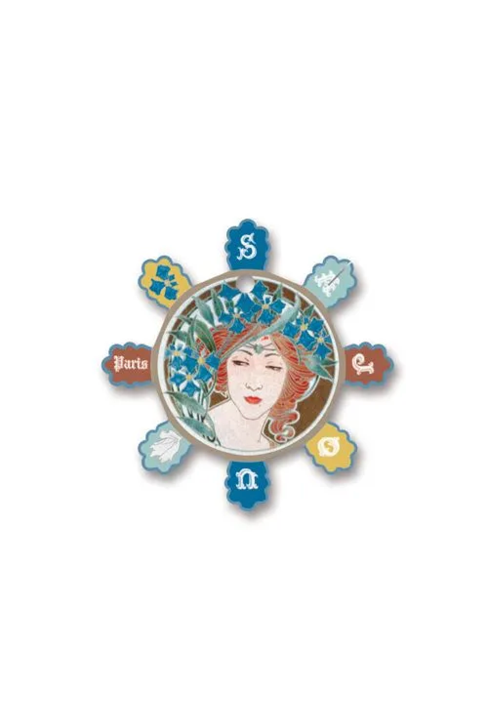A circular decorative thread card featuring an Art Nouveau style illustration of a woman with red hair and blue floral details, surrounded by eight petal-like segments with symbols and words including Paris and dollar sign.
Photo by Sajou.fr [additional_image_link]