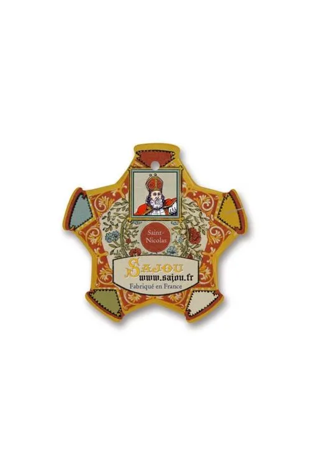 A decorative Saint Nicolas thread card with a colorful patchwork design, featuring a central portrait of Saint Nicolas and the text 'Saint Nicolas' and 'Sajou.
Photo by Sajou.fr [additional_image_link]