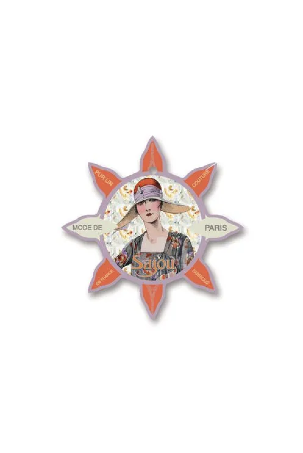 A decorative star-shaped thread card featuring a vintage illustration of a woman with a hat, with the words 'MODE DE PARIS' and 'Sajou' on a white background.
Photo by Sajou.fr [image_link]