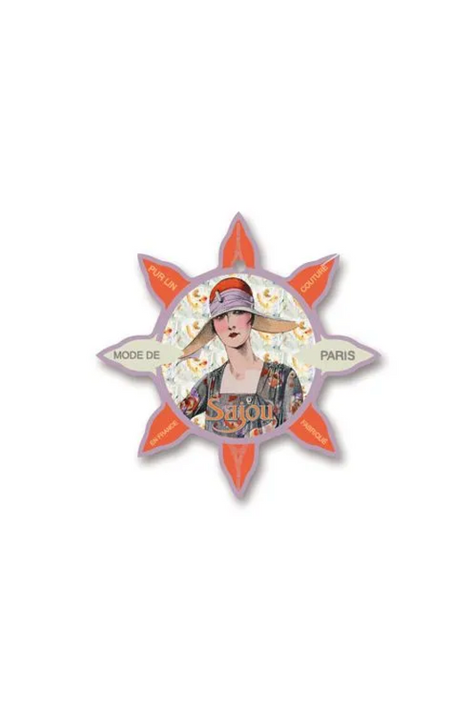A decorative star-shaped thread card featuring a vintage illustration of a woman with a hat, with the words 'MODE DE PARIS' and 'Sajou' on a white background.
Photo by Sajou.fr [image_link]