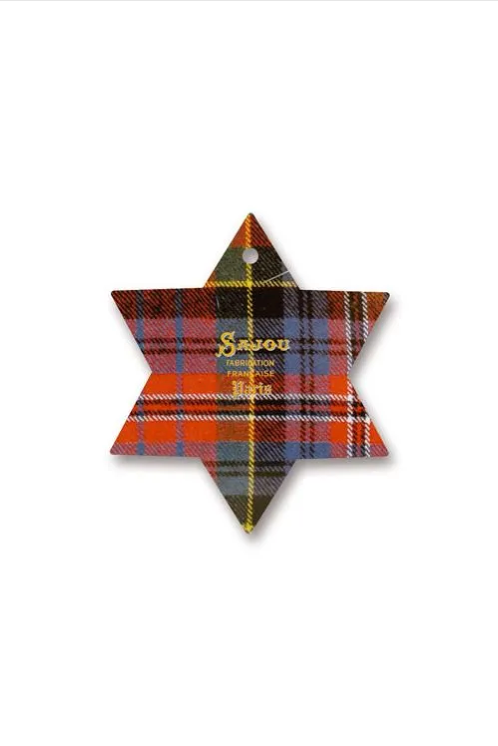 A six-pointed star thread card featuring a red, blue, and yellow tartan plaid pattern with gold foil text reading 'Sajou' and 'Tartan Plaid'.
Photo by Sajou.fr [additional_image_link]