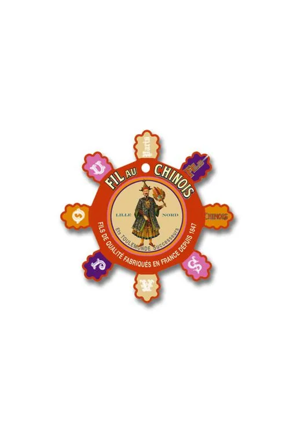 A vintage-style circular and star-shaped thread card reading 'FIL AU CHINOIS' with a central figure and decorative multicolored points, shown on a plain white background.
Photo by Sajou.fr [additional_image_link]
