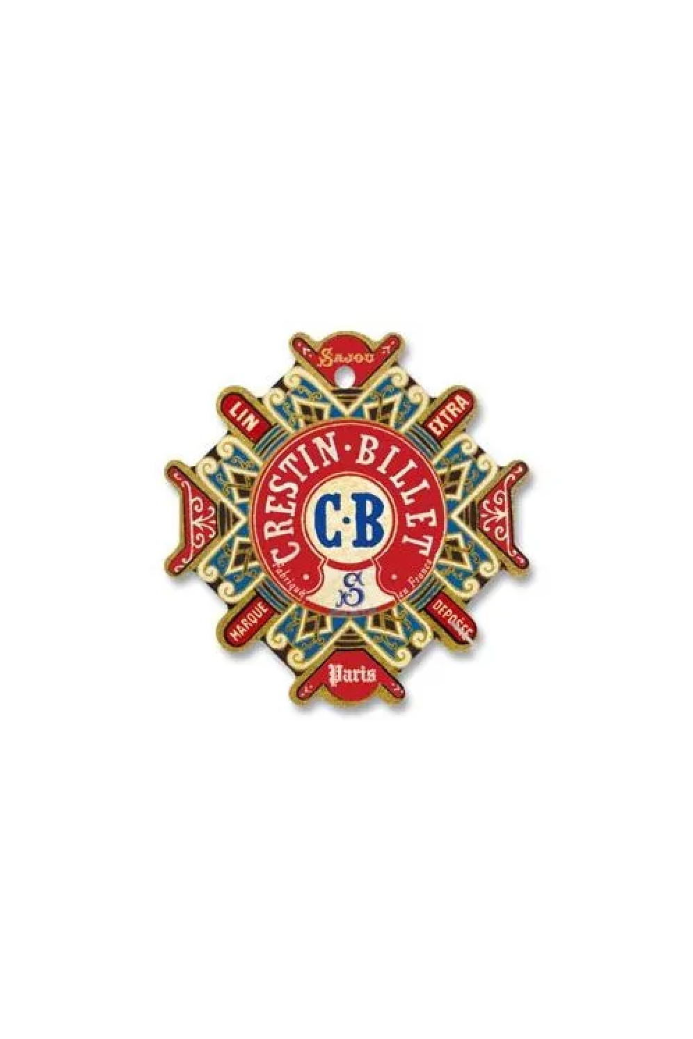 A vintage-style decorative thread card with the text 'Crestin-Bliss' and 'CB S Paris,' featuring ornate red, gold, brown, and blue details, placed on a white background.
Photo by Sajou.fr [additional_image_link]