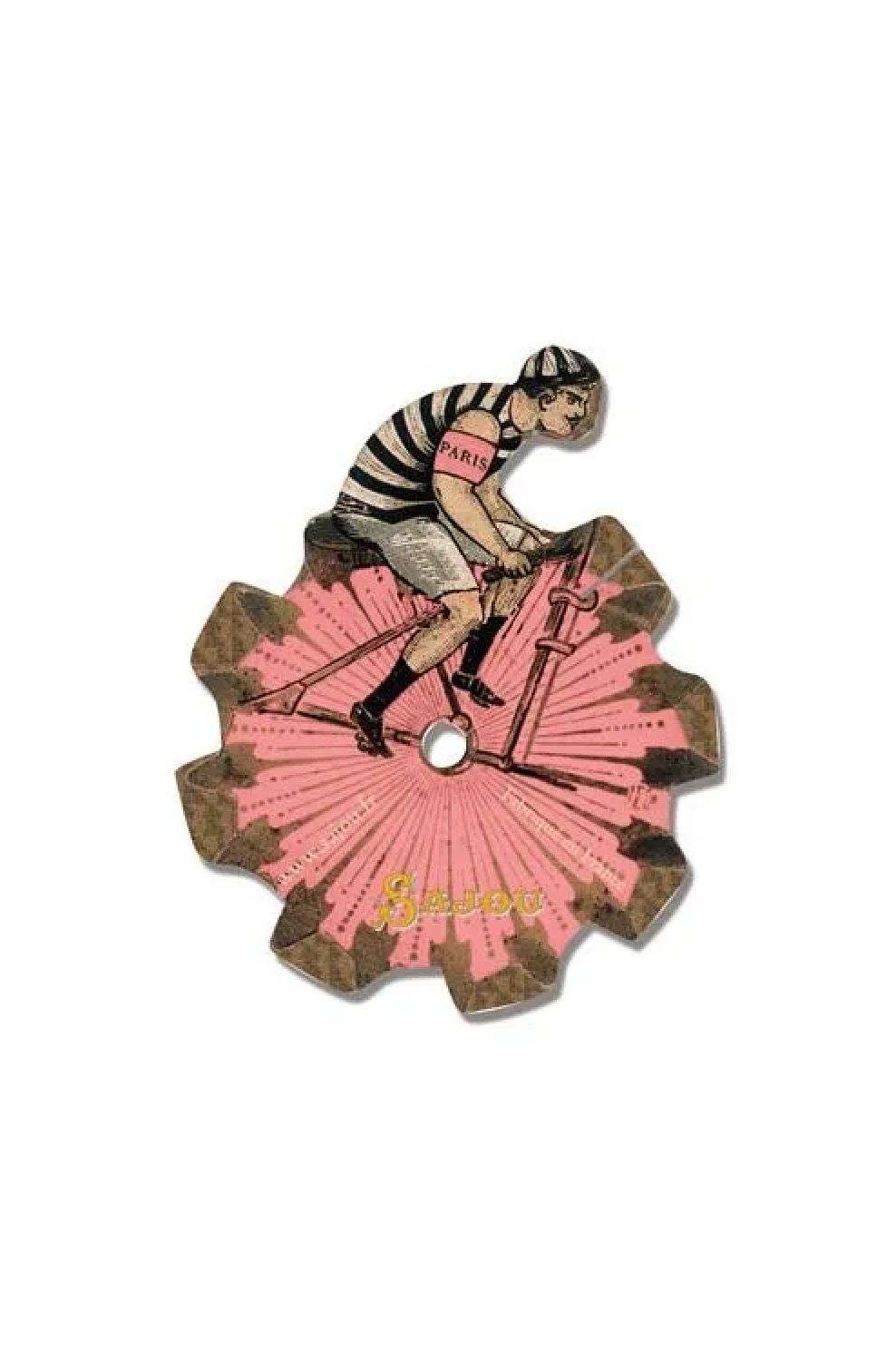 A vintage-style illustrated thread card showing a cyclist riding a bicycle over a pink fan-like shape, placed on a white background.
Photo by Sajou.fr [additional_image_link]