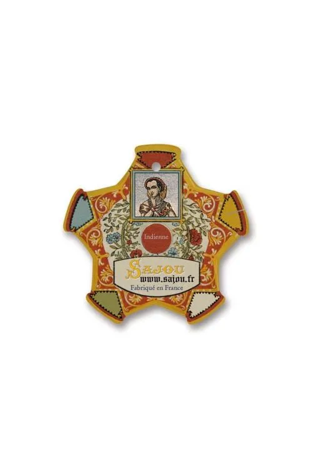 A vintage decorative paper thread card with ornate yellow, red, green, and white floral scrollwork, featuring a portrait illustration and the text 'Sajou' and 'Indienne', placed on a white background.
Photo by Sajou.fr [additional_image_link]
