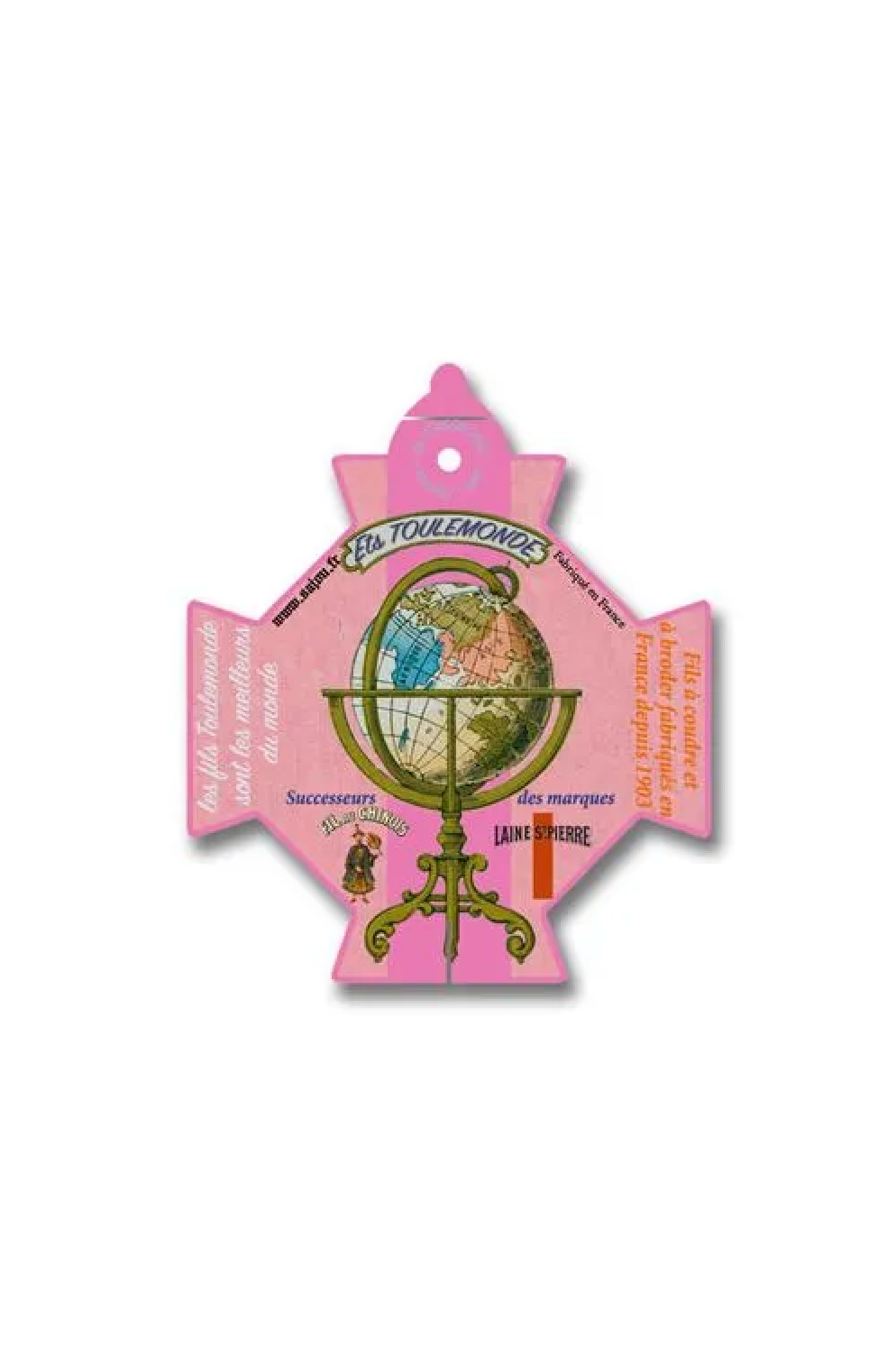 A pink cross-shaped thread card featuring a vintage globe on a stand, with French text and illustrations, displayed on a white background.
Photo by Sajou.fr [additional_image_link]