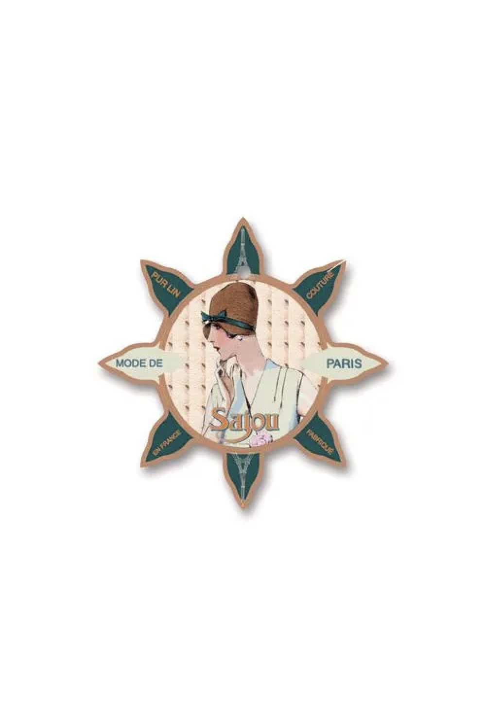 A vintage-style decorative thread card shaped like a sunburst, featuring an illustration of a woman in profile with the words 'MODE DE Paris', and 'Sajou' on a white background.
Photo by Sajou.fr [additional_image_link]