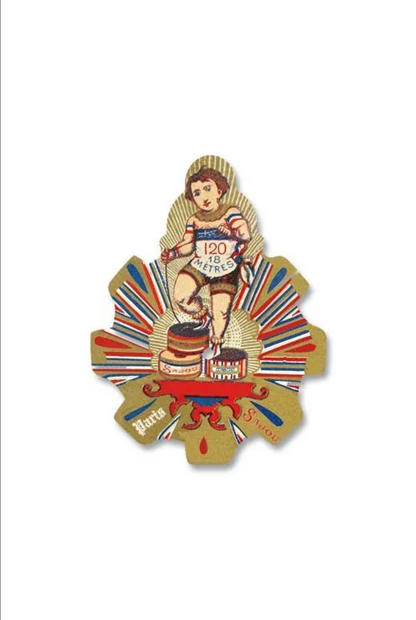 A vintage French thread card featuring an illustrated person in athletic attire holding a pole with the number 120, set against a striped fanburst background with the text 'Fabriqué en France' and 'Paris'. The sticker is displayed flat on a white background.
Photo by Sajou.fr [additional_image_link]