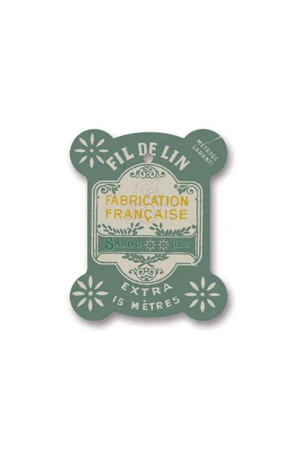 A vintage French thread card reading 'FIL DE LIN FABRICATION FRANÇAISE' and 'EXTRA 15 MÈTRES' in teal and cream, placed on a white background with yellow grid lines.
[additional_image_link]