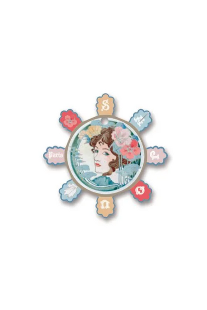 A vintage-style circular thread card with a central portrait of a woman surrounded by eight petal-like segments with letters and colors, displayed on a white background.
[additional_image_link]