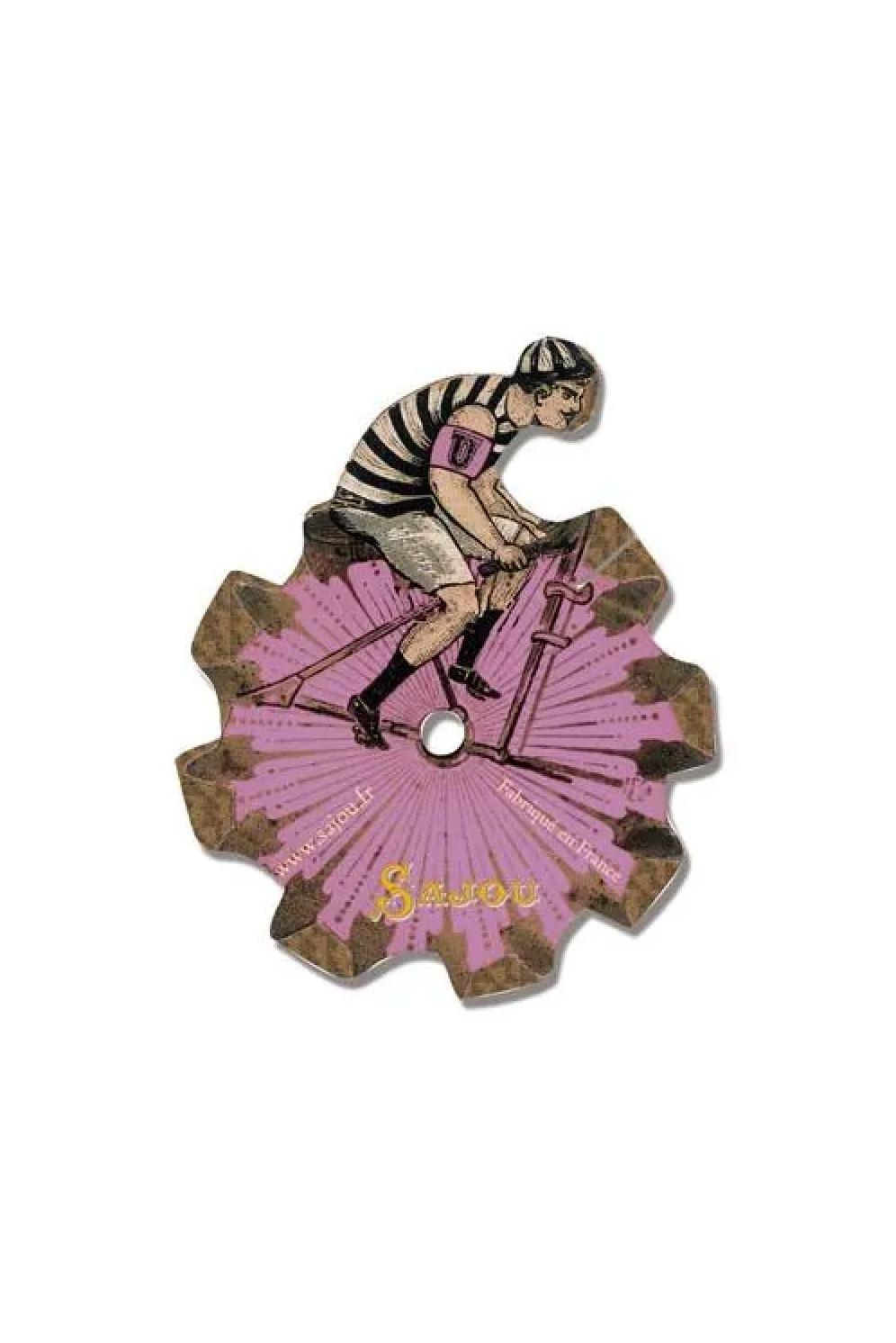 A vintage-style embroidered thread card featuring a cyclist riding a bicycle shaped like a pink flower, with the word 'Sajou' embroidered in gold at the bottom, set against a white background.
[additional_image_link]