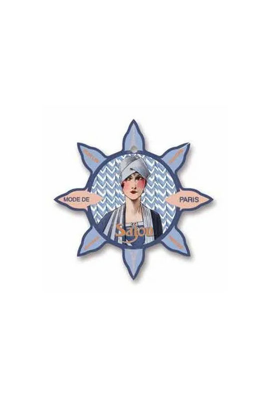 A decorative star-shaped thread card featuring a vintage illustration of a woman with a headscarf, with the words 'MODE DE PARIS' and 'Sajou' on a white background.
Photo by Sajou.fr [image_link]