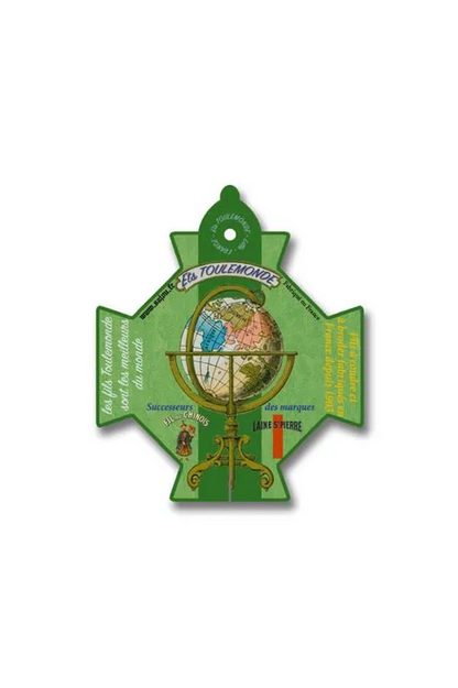 A vintage French thread card featuring a green cross-shaped border with a central globe and the text 'LE TOULEMONDE' and 'Sajou', displayed on a white background.
Photo by Sajou.fr [additional_image_link]