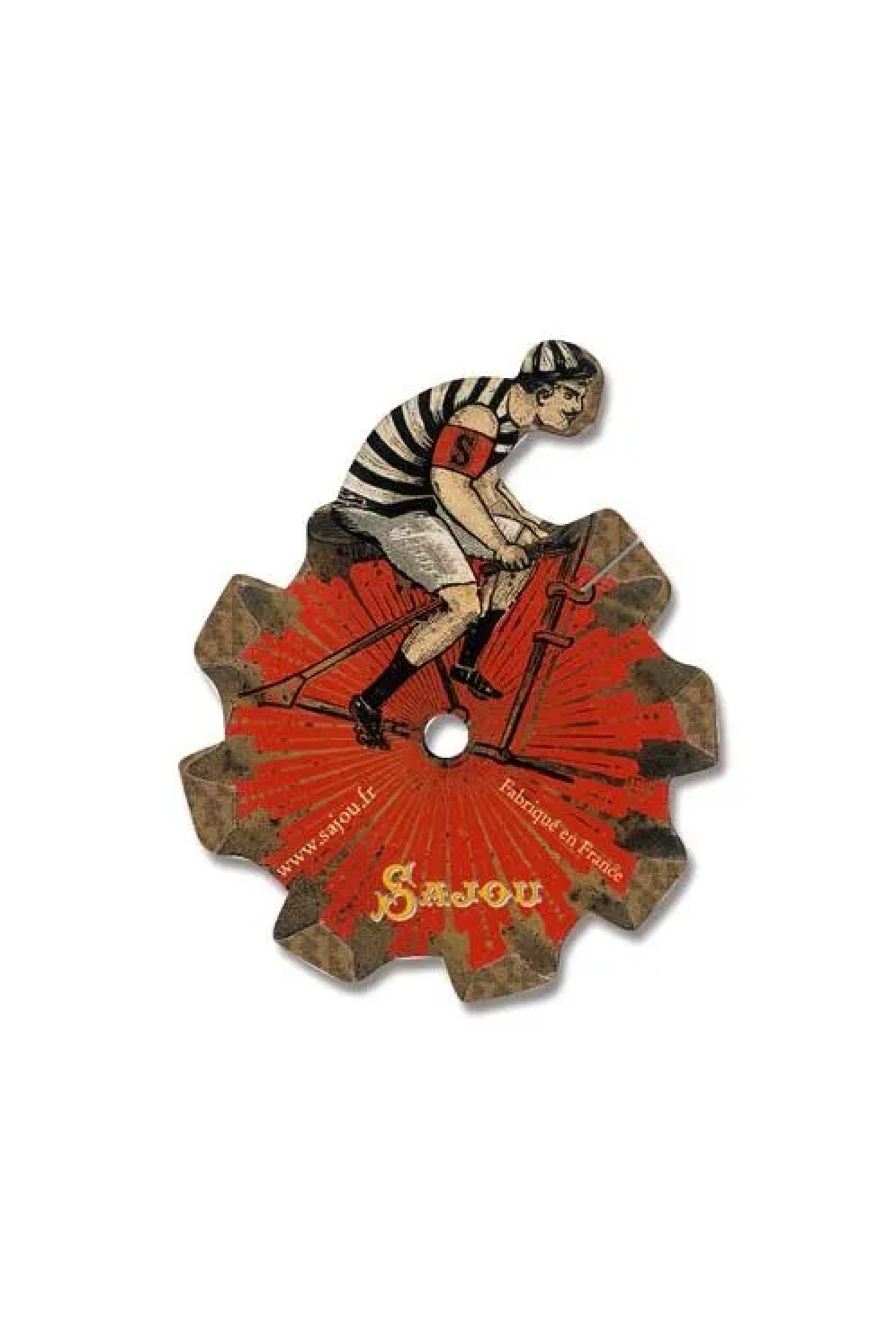 A vintage bicycle-themed thread card featuring an illustrated cyclist riding a red bicycle on a white background.
Photo by Sajou.fr [additional_image_link]