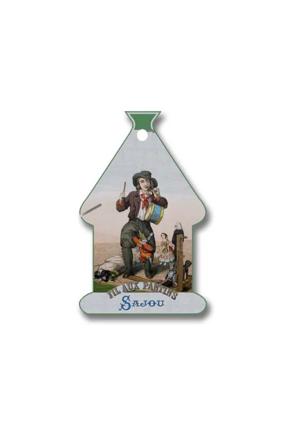 A vintage-style house-shaped thread card with a printed illustration of a man playing a violin and a woman at a table, with the text 'FIL AUX PANTINS Sajou' at the bottom, displayed against a white background.
Photo by Sajou.fr [additional_image_link]