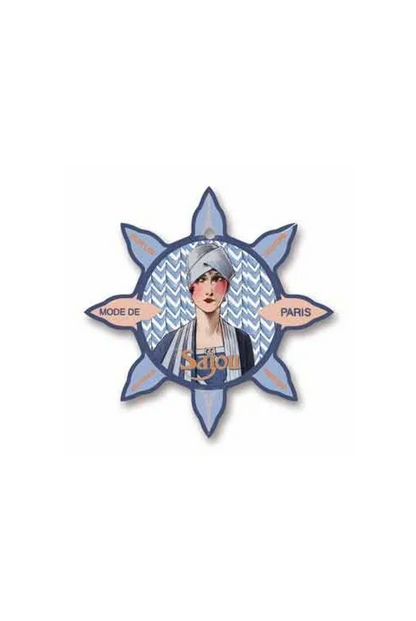A decorative star-shaped thread card featuring a vintage illustration of a woman with a headscarf, with the words 'MODE DE PARIS' and 'Sajou' on a white background.
Photo by Sajou.fr [additional_image_link]