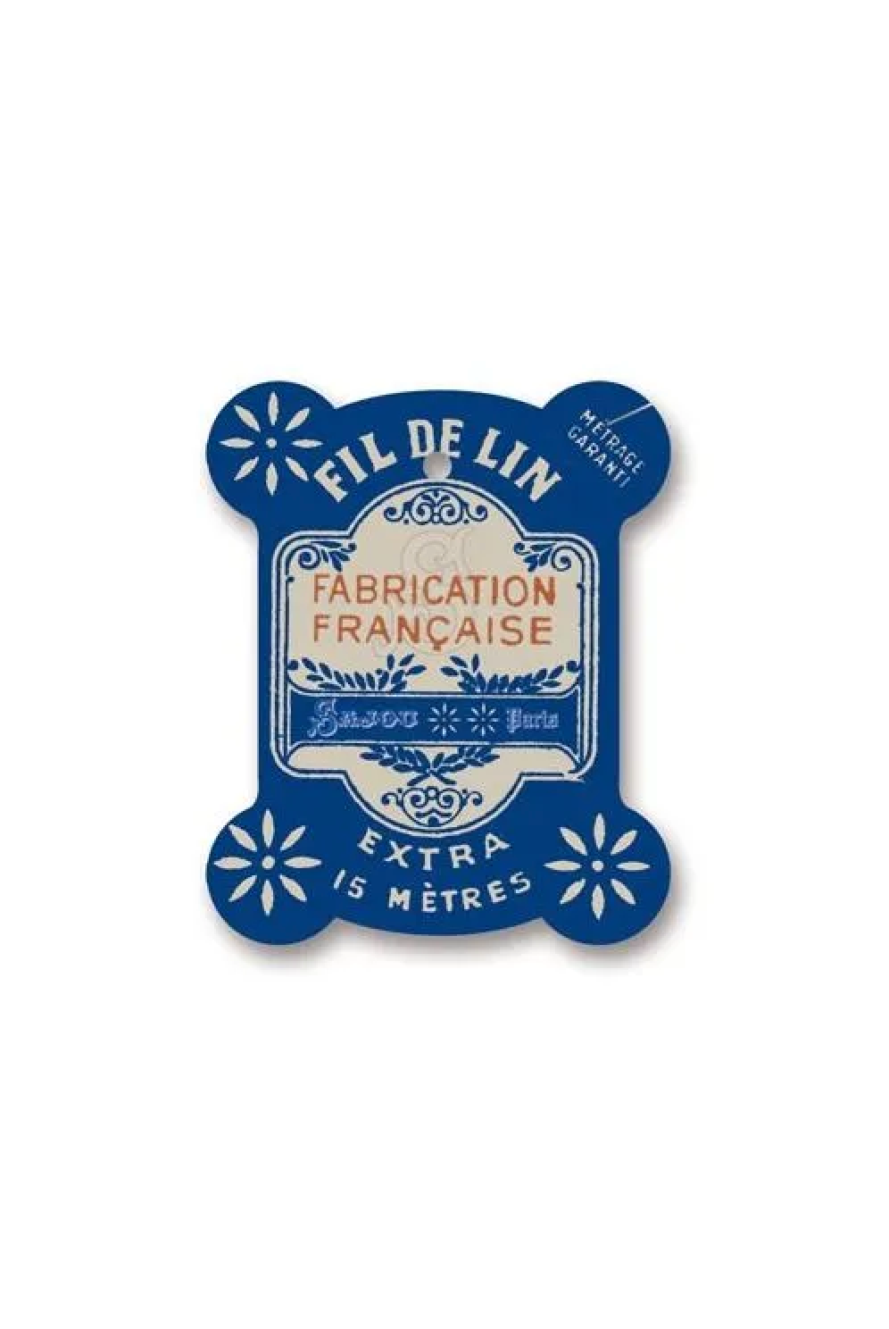 A vintage blue and white thread card for 'Fil de Lin' with 'Fabrication Française' and 'Extra 15 Mètres' printed on it, placed on a white background.
Photo by Sajou.fr [additional_image_link]