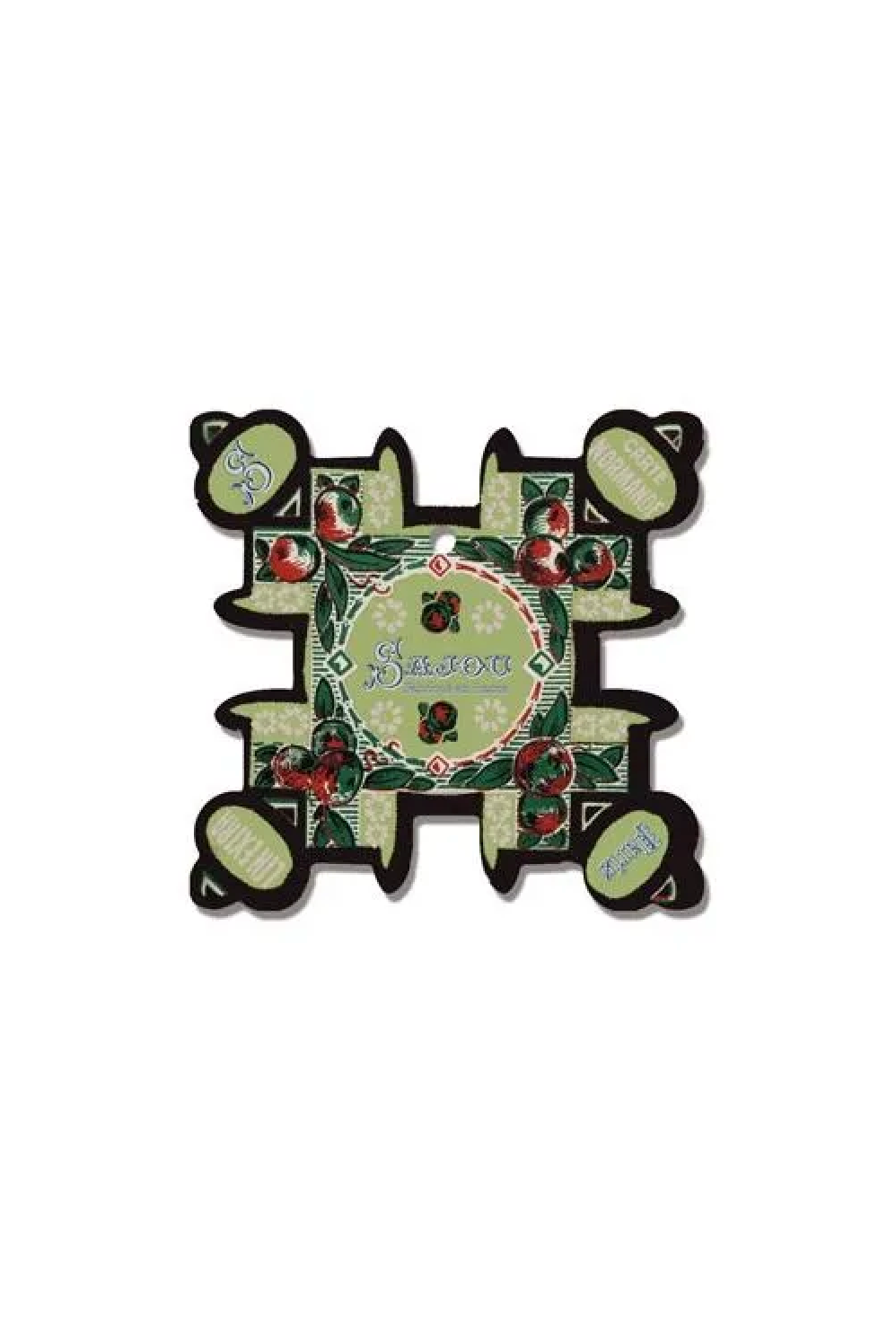 A vintage-style decorative thread card with a floral and fruit pattern, featuring a central oval medallion with the word 'Sajou' and four elongated ends with oval details, set against a white background.
Photo by Sajou.fr [additional_image_link]