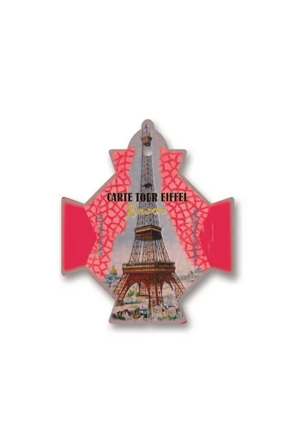 A vintage-style travel threaad card featuring the Eiffel Tower with the text 'CARTE TOUR EIFFEL' on a pink and red patterned background, placed on a white backdrop.
Photo by Sajou.fr [image_link]