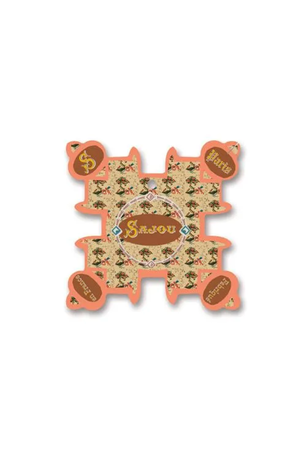 A decorative, irregularly shaped thread card featuring a central circular label reading 'Sajou' surrounded by small floral motifs and orange border details, placed on a white background.
Photo by Sajou.fr [additional_image_link]