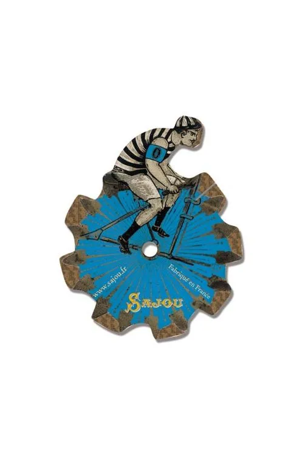 A vintage-style illustrated thread card showing a cyclist riding a bicycle over a blue fan-like shape with distressed brown edges, placed on a white background.
Photo by Sajou.fr [additional_image_link]