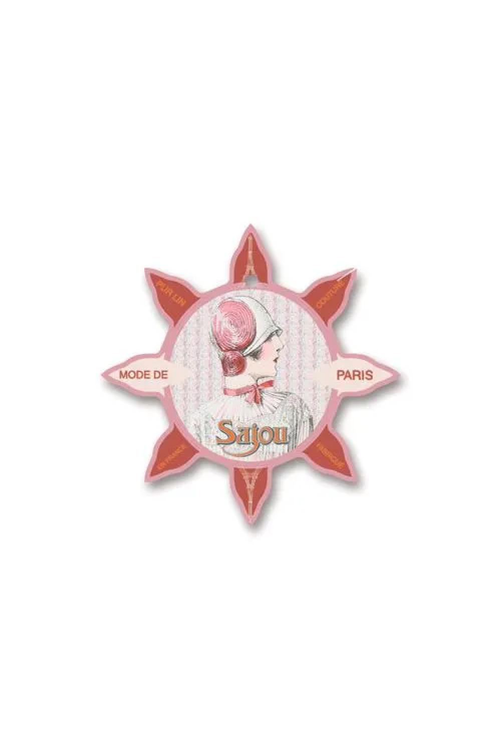 A vintage-style decorative thread card with a starburst shape, featuring a central illustration of a woman in a pink hat and the text 'Sajou' and 'MODE DE PARIS'. The tag is displayed flat against a white background.
Photo by Sajou.fr [additional_image_link]