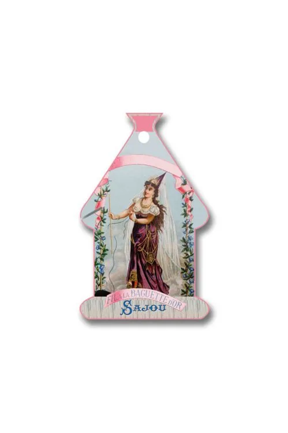 A vintage-style decorative house-shaped thread card featuring an illustration of a woman in a purple gown and a pink border, with the name 'Sajou' written at the bottom, displayed on a white background.
Photo by Sajou.fr [additional_image_link]