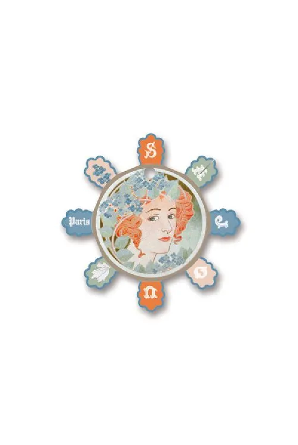 A decorative circular thread card with eight petal-like extensions, featuring a vintage-style illustration of a woman's face in the center and orange lettering on the extensions, displayed on a white background.
Photo by Sajou.fr [image_link]