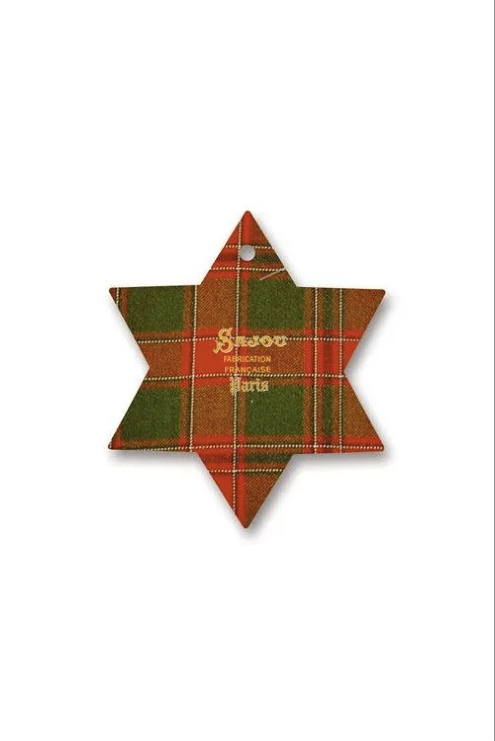 A six-pointed star-shaped thread card featuring a red and green tartan plaid pattern, with 'Sajou' printed in gold text in the center and a small hanging hole at the top.
Photo by Sajou.fr [additional_image_link]