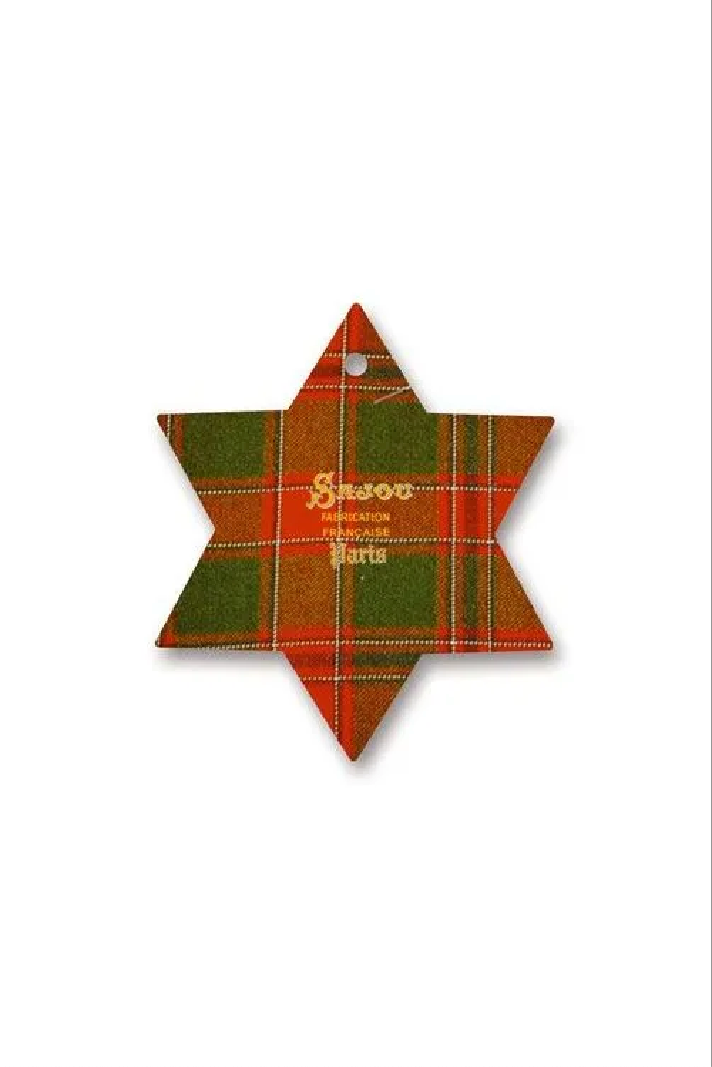 A six-pointed star-shaped thread card featuring a red and green tartan plaid pattern, with 'Sajou' printed in gold text in the center and a small hanging hole at the top.
Photo by Sajou.fr [additional_image_link]