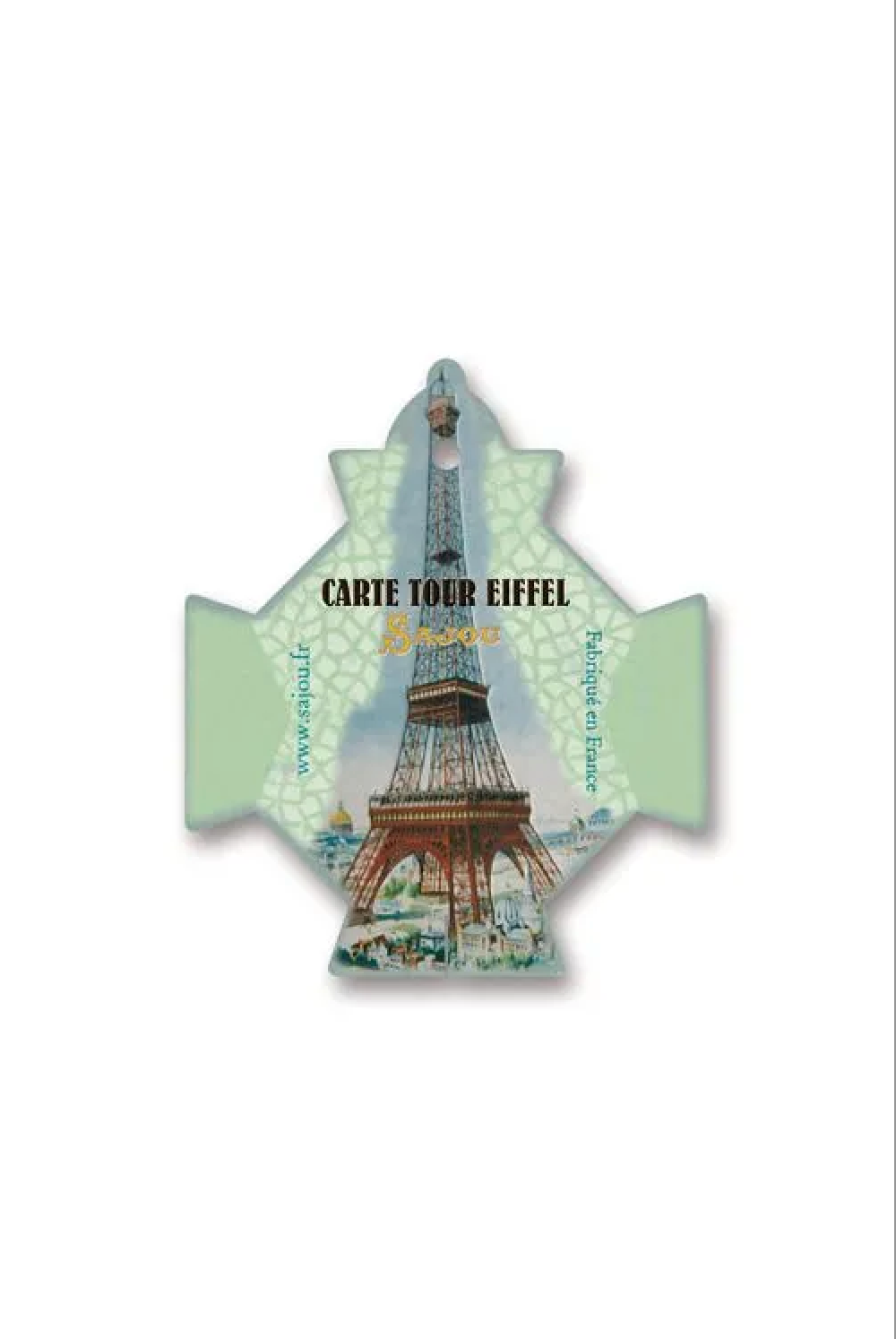 A vintage-style illustrated thread card shaped like the Eiffel Tower, with the text 'CARTE TOUR EIFFEL Paris' and a light green background, placed on a white surface.
Photo by Sajou.fr [additional_image_link]