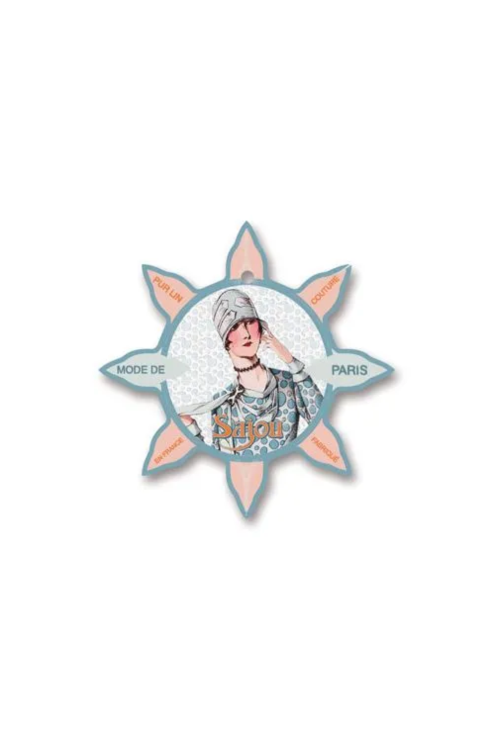 A decorative star-shaped thread card featuring a vintage illustration of a woman with a headscarf, with the words 'MODE DE PARIS' and 'Sajou' on a white background.
Photo by Sajou.fr [additional_image_link]