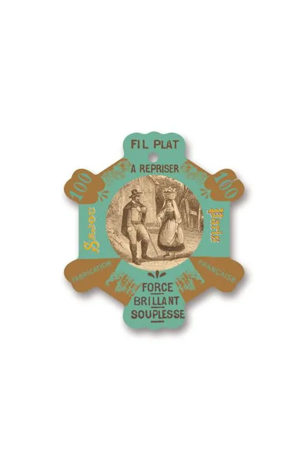 A vintage French thread card for 'Fil Plat', featuring a light green and gold star-shaped layout with an illustration of a couple in the center, placed on a white background.
Photo by Sajou.fr [additional_image_link]
