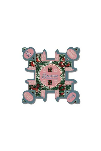 A decorative square thread card with a pink and blue border, featuring cherries, green leaves, and the word 'Sajou' in the center, shown on a plain white background.
Photo by Sajou.fr [image_link]