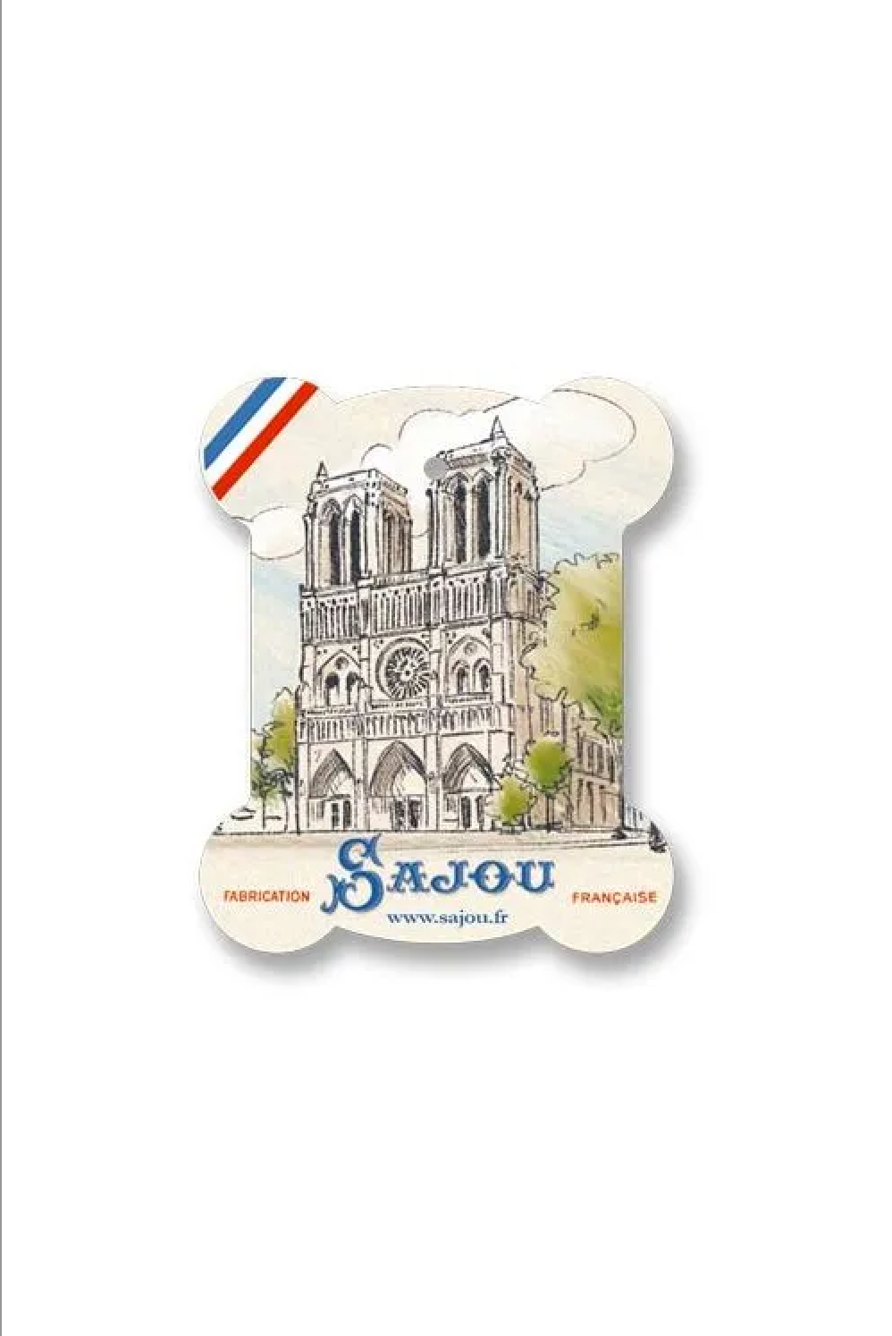 This is a cardboard thread storage card by Maison Sajou featuring an illustration of Notre-Dame de Paris.
Photo by Sajou.fr [additional_image_link]
