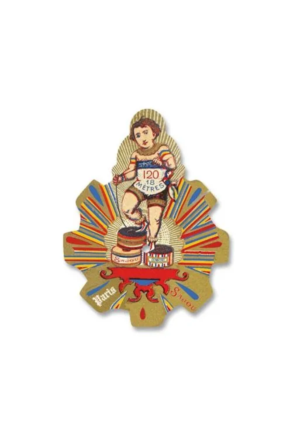 A vintage illustrated paper thread card featuring a child standing on stacked cakes, with radiating yellow, orange, and blue rays and the text '120 METRES' and 'Fabriqué en France' on a white background.
Photo by Sajou.fr [additional_image_link]