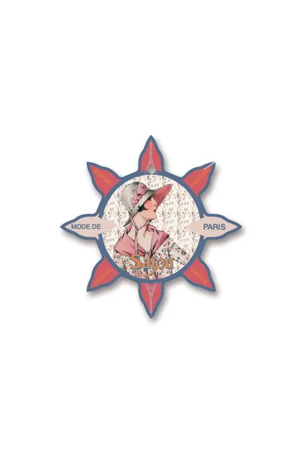 A vintage-style paper star-shaped thread card with red and blue cutouts, featuring a central circular illustration of a woman in a pink hat and the text 'MODE DE PARIS' on a white background.
Photo by Sajou.fr [additional_image_link]