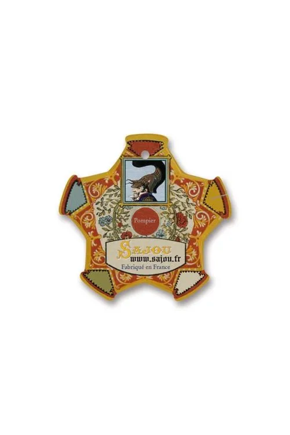 A decorative, vintage-style paper thread card shaped like a star, featuring ornate orange, yellow, and white patterns, a central bird illustration, and the text 'Pompier' and 'Sajou'.
Photo by Sajou.fr [additional_image_link]