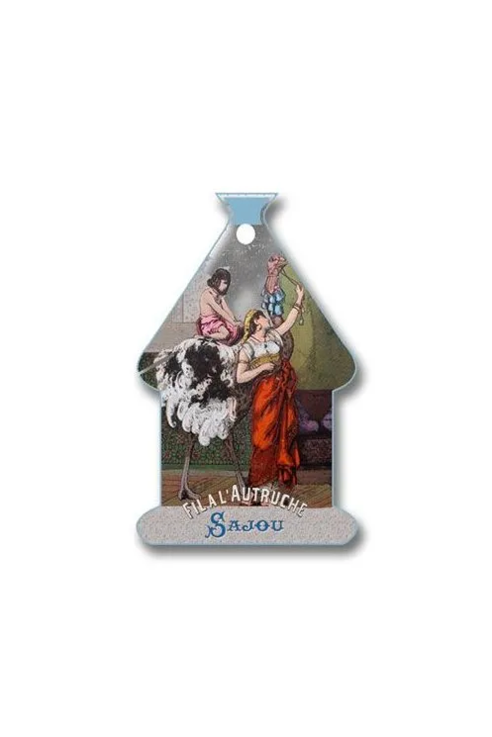 A vintage French thread card shaped like a house, featuring an illustration of women dancing with an ostrich and the text 'FIL A L'AUTRUCHE Sajou' on a white background.
Photo by Sajou.fr [additional_image_link]