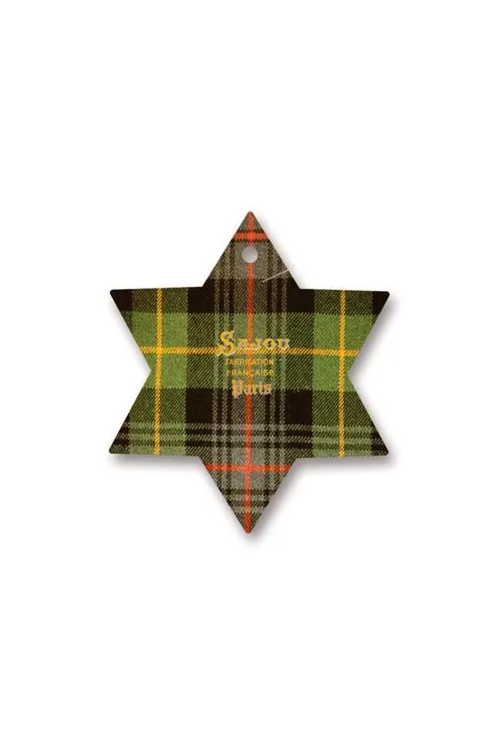 A six-pointed star Christmas thread card featuring a green, black, and orange tartan plaid pattern with gold foil text that reads 'Sajou' on a plain white background.
Photo by Sajou.fr [additional_image_link]