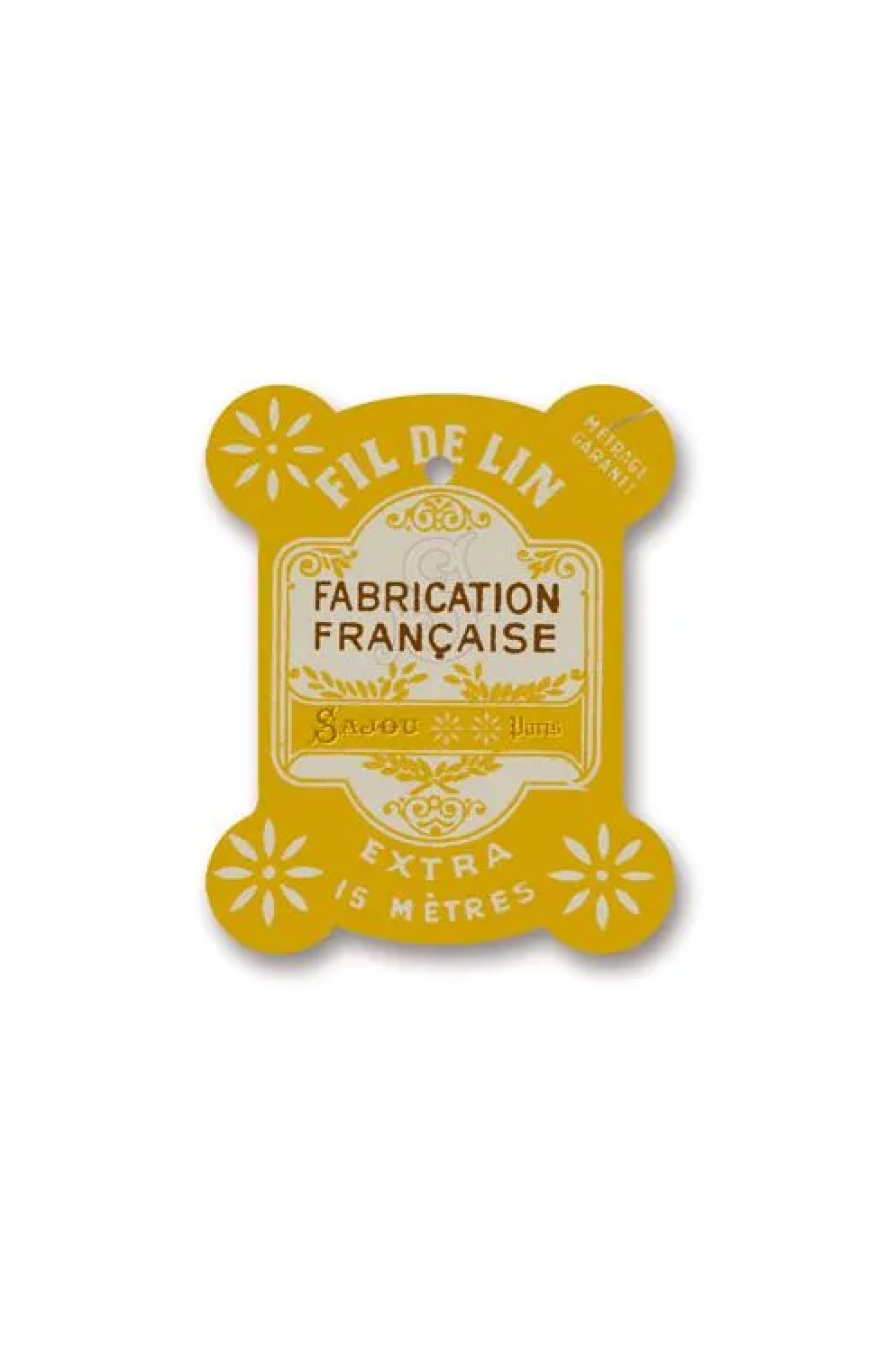 A yellow thread card with 'FIL FILIN' and 'FABRICATION FRANÇAISE' printed on it, placed on a white background.
Photo by Sajou.fr [additional_image_link]