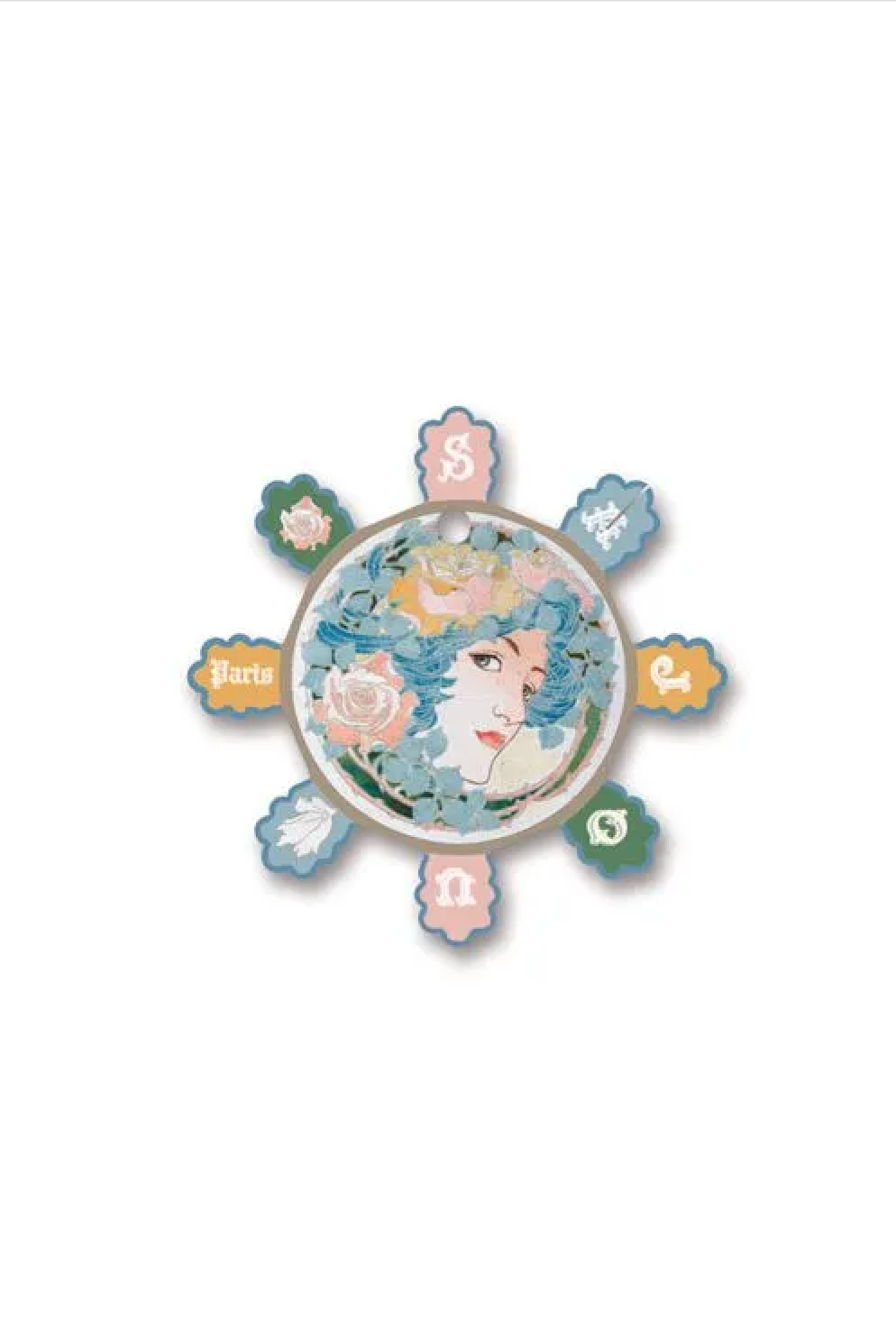 A vintage-style circular thread card with eight petal-like extensions, featuring an illustrated face with blue hair and pastel floral details, displayed on a white background.
Photo by Sajou.fr [additional_image_link]