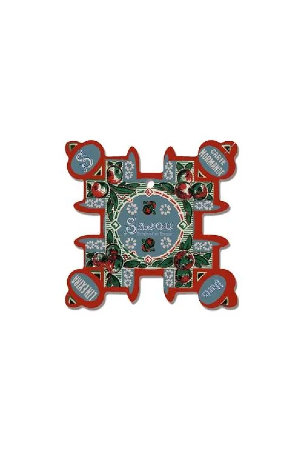 A decorative embroidered thread card with a red border and a central blue circle reading 'Sajou', surrounded by floral and berry motifs, placed on a white background.
