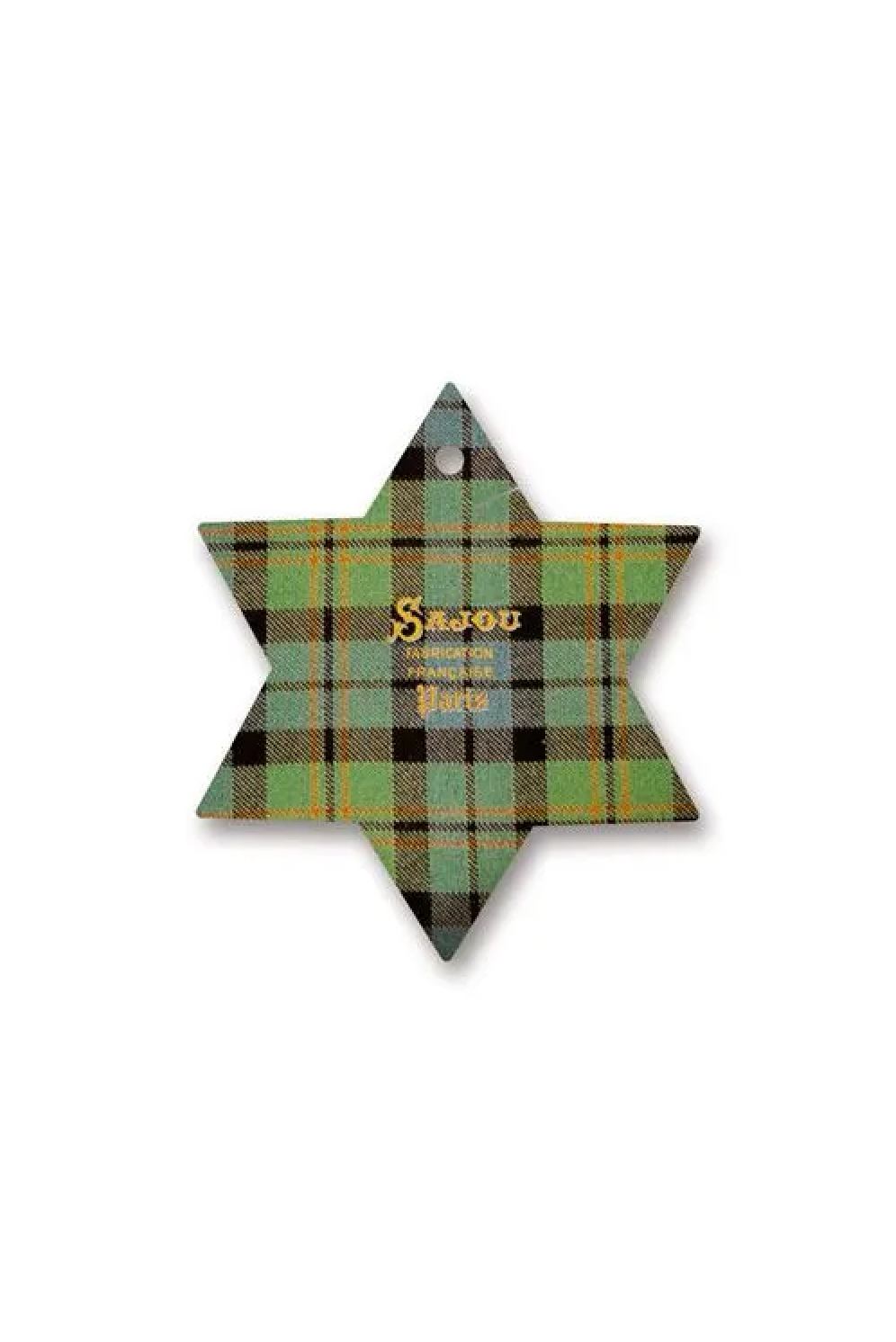 A six-pointed star Christmas thread card featuring a green, black, and yellow tartan plaid pattern with gold foil text reading 'Sajou Family Tree'.